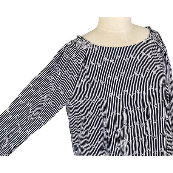 LOFT Outlet Eyelet Blouse Size Medium Navy Blue Stripe Gathered Shoulder Cuffs - Picture 2 of 11
